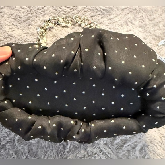 Betsey Johnson Black and Shiny Polka Dot Handbag with Silver Chain - Picture 6 of 8